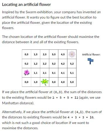 Locating an artificial flower
Inspired by the Swarm exhibition, your company has invented an artificial flower. It wants you 