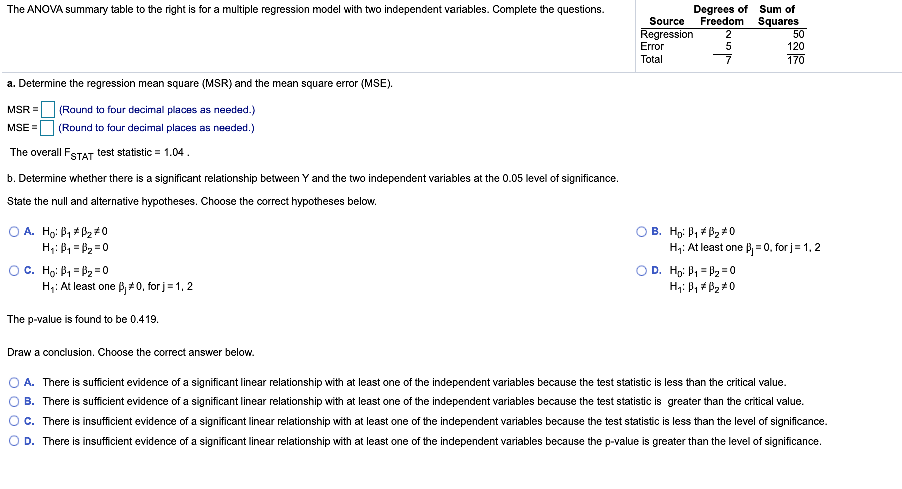 Solved The ANOVA summary table to the right is for a | Chegg.com