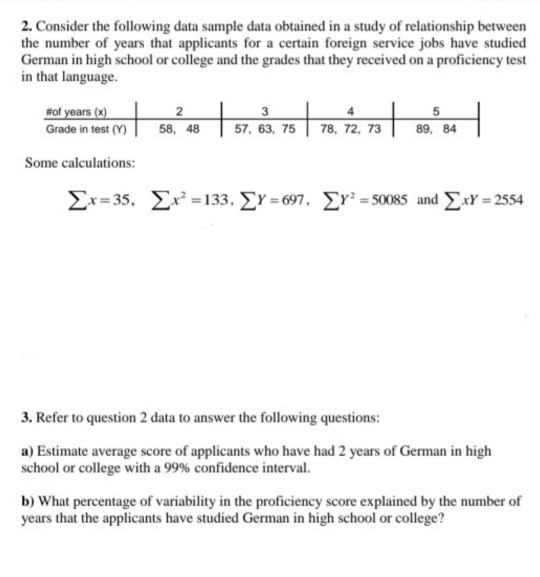 Solved 2. Consider the following data sample data obtained | Chegg.com