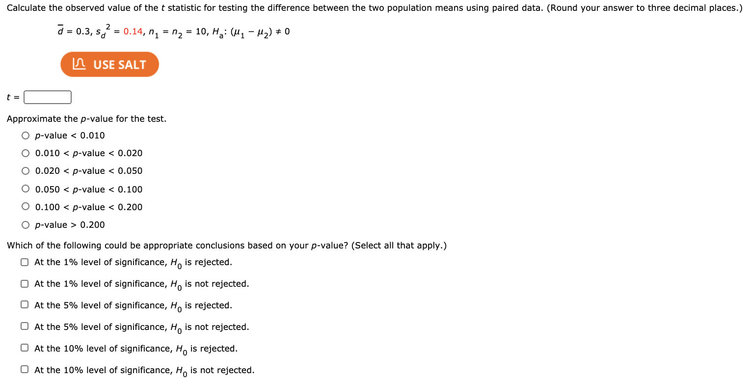 Solved Calculate the observed value of the t statistic for  Chegg.com