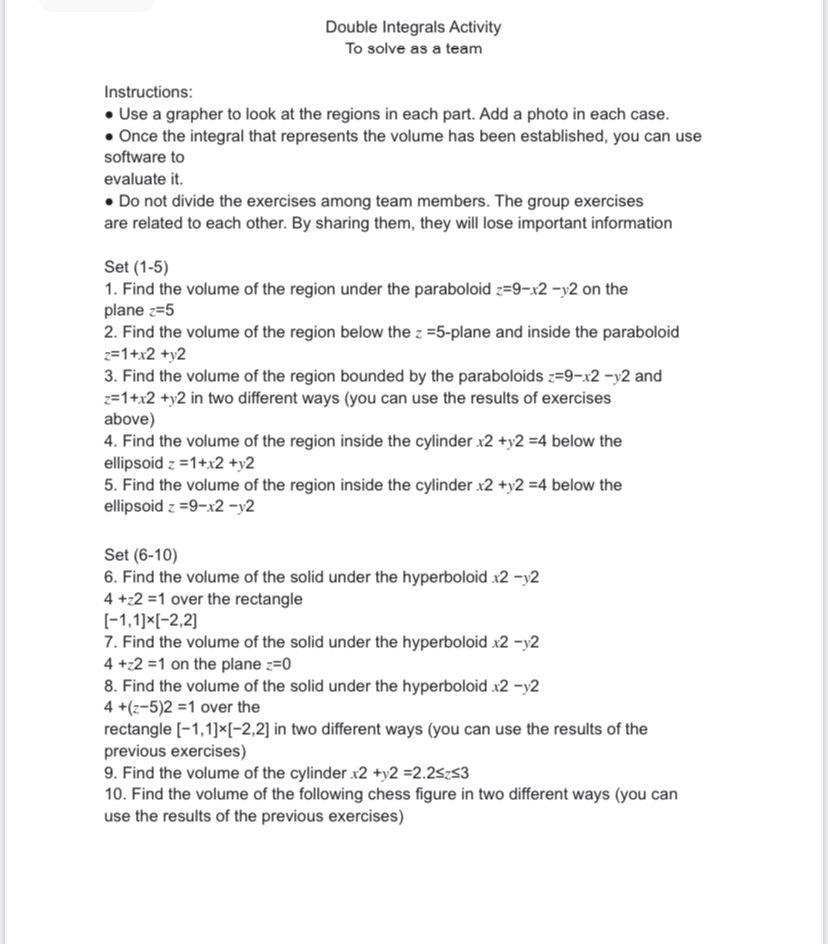 Solved Double Integrals Activity To solve as a team | Chegg.com