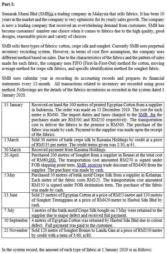Part 1 Semarak Murni Bhd Smb Is A Trading Company Chegg Com