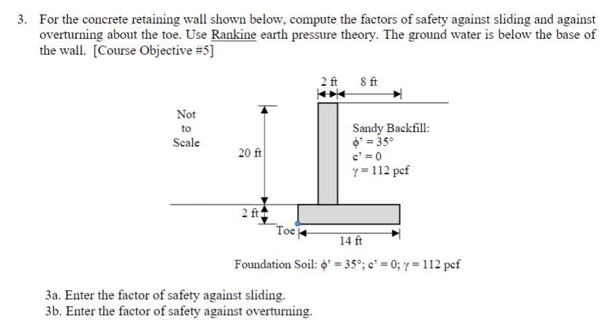 Solved 3. For the concrete retaining wall shown below, | Chegg.com