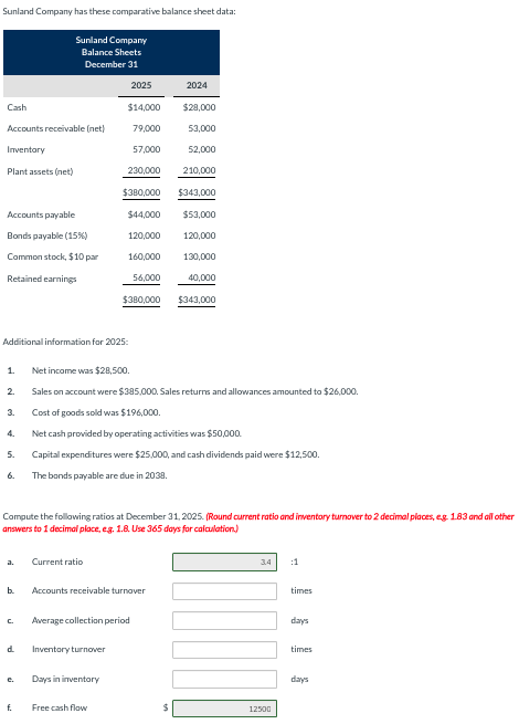 Solved Sunland Company Has These Comparative Balance Sheet Chegg Com