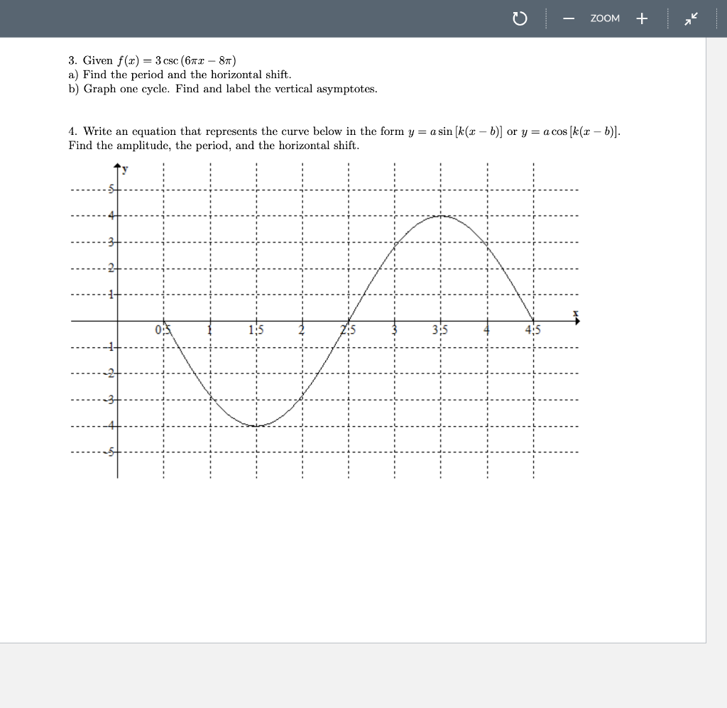 Solved с ZOOM + 3. Given f(x) = 3 csc (673 -87) a) Find the | Chegg.com