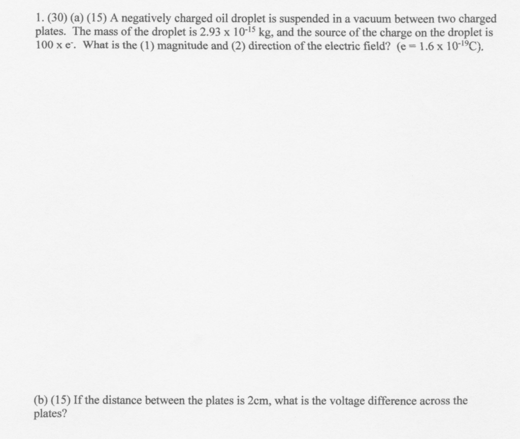 Solved 1. (30) (a) (15) A negatively charged oil droplet is | Chegg.com