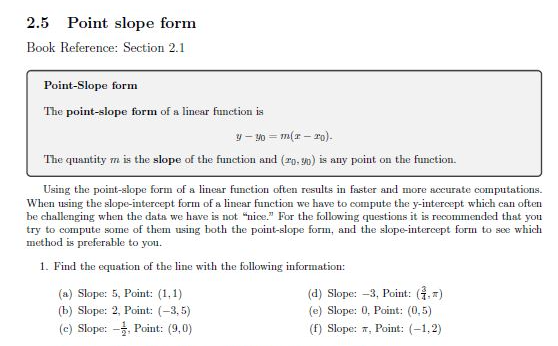 Solved 2.5 Point slope form Book Reference: Section 2.1 | Chegg.com