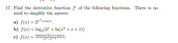 Solved 17. Find the derivative function f′ of the following | Chegg.com