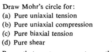 Draw Mohrs circle for:
(a) Pure uniaxial tension
(b) Pure uniaxial compression
(c) Pure biaxial tension
(d) Pure shear