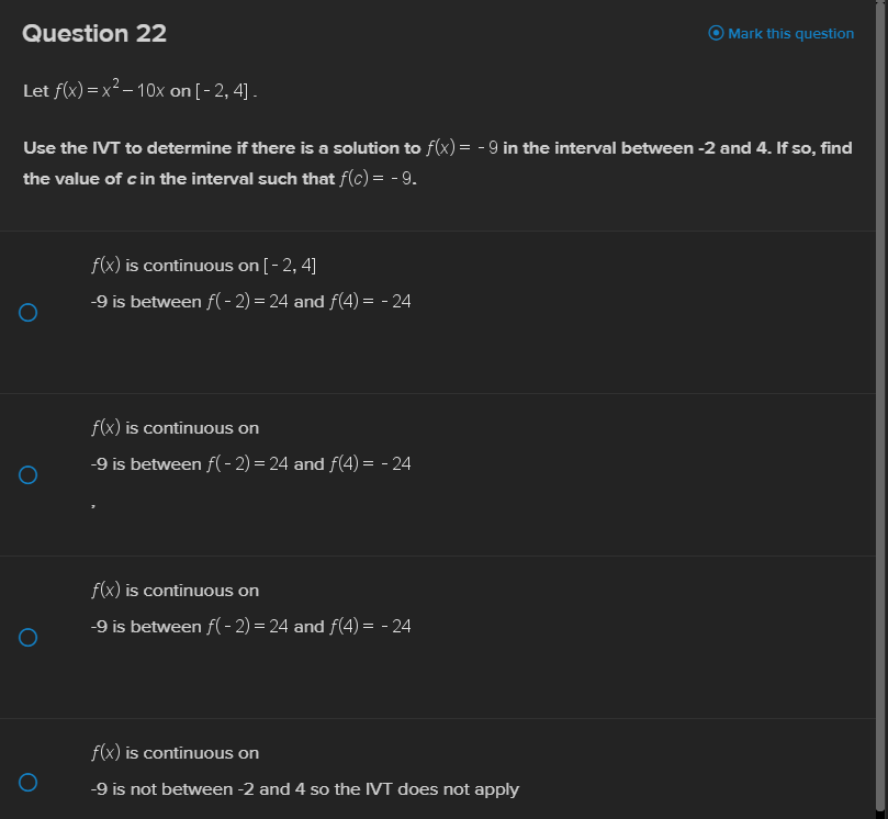 Solved Let F X X2−10x On [−2 4] Use The Ivt To Determine If