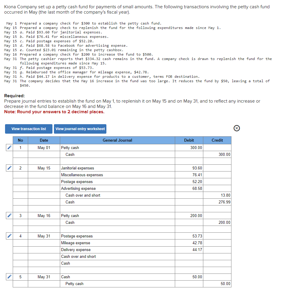 Solved Kiona Company Set Up A Petty Cash Fund For Payments | Chegg.com