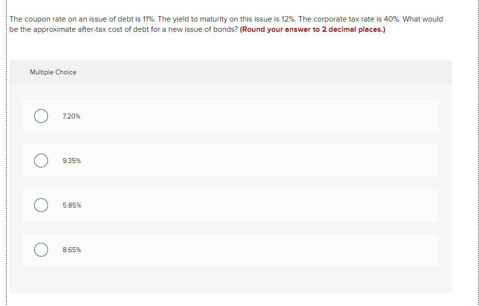 Solved The Coupon Rate On An Issue Of Debt Is 11%. The Yield | Chegg.com