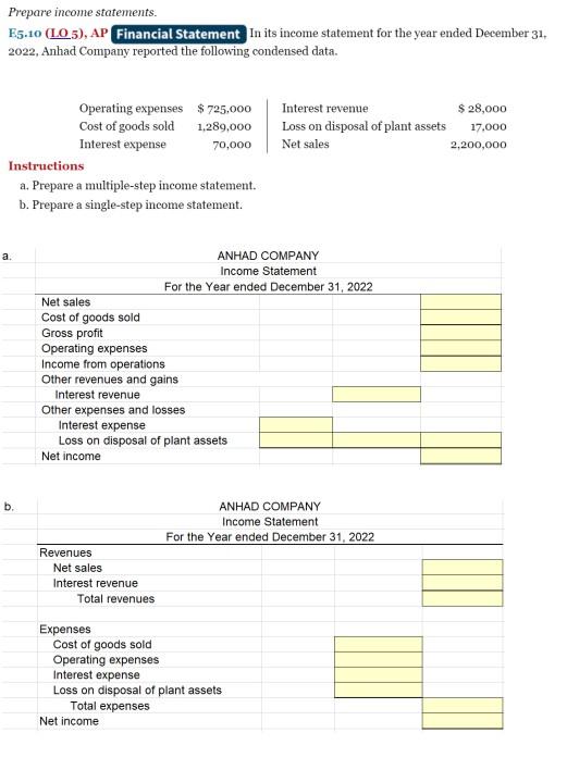Solved Prepare statements. E5.10 (L. 5), AP In its