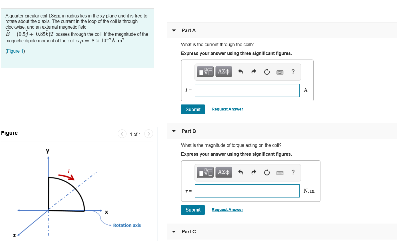 Solved Part C A quarter circular coil 18cm in radius lies in | Chegg.com