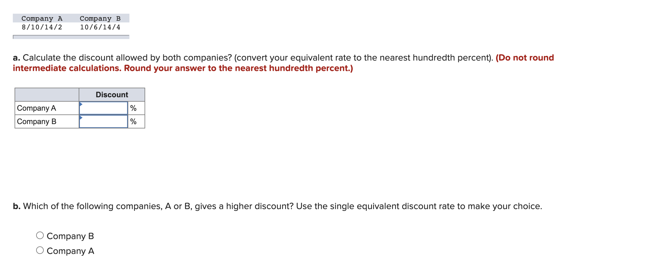 Solved a. Calculate the discount allowed by both companies?