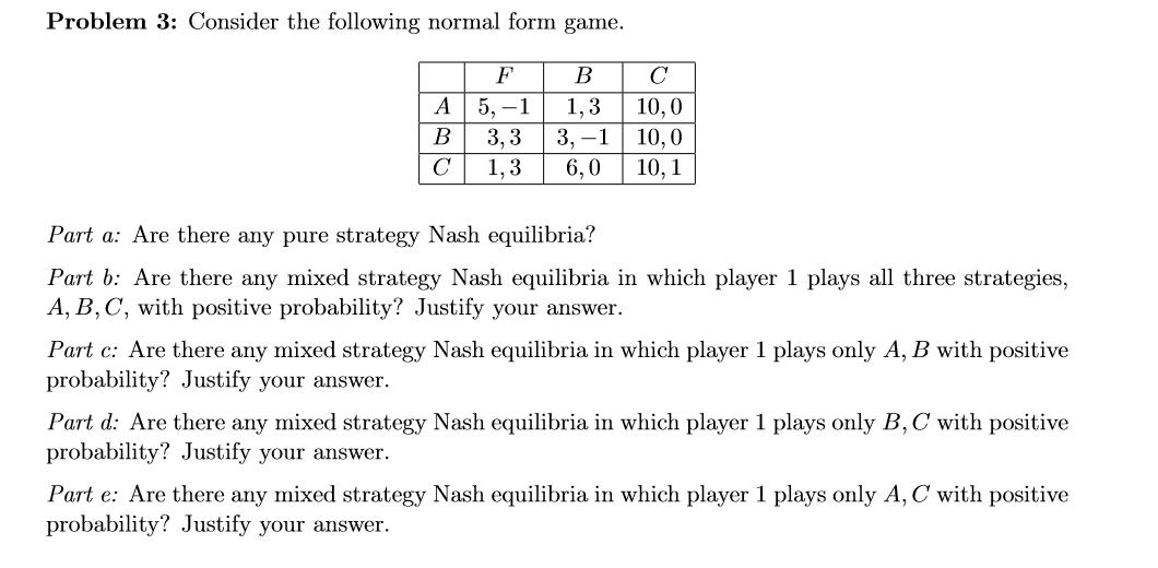 Solved Problem 3: Consider the following normal form game. A | Chegg.com