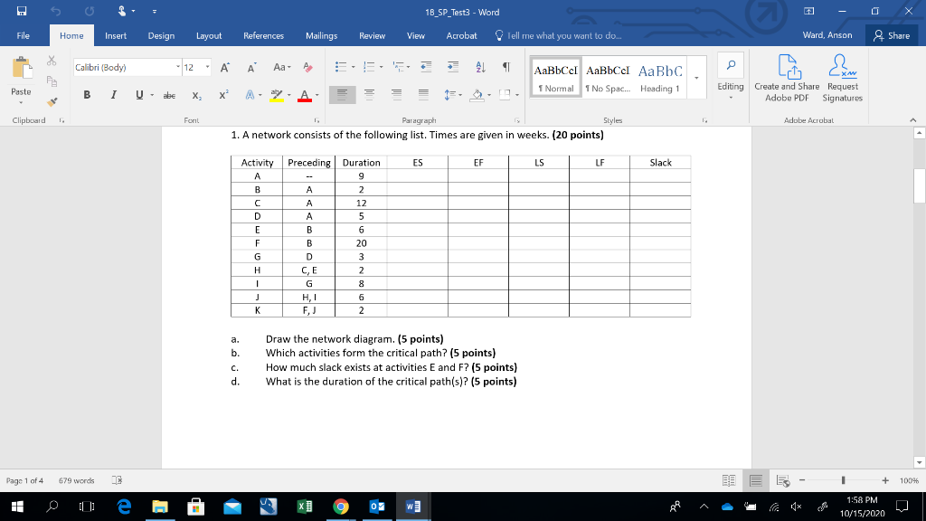 Solved 18 SP Test3 - Word 0 File Home Insert Design Layout | Chegg.com