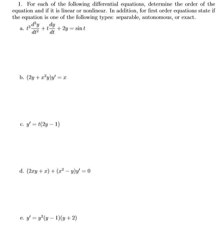 Solved 1. For each of the following differential equations, | Chegg.com