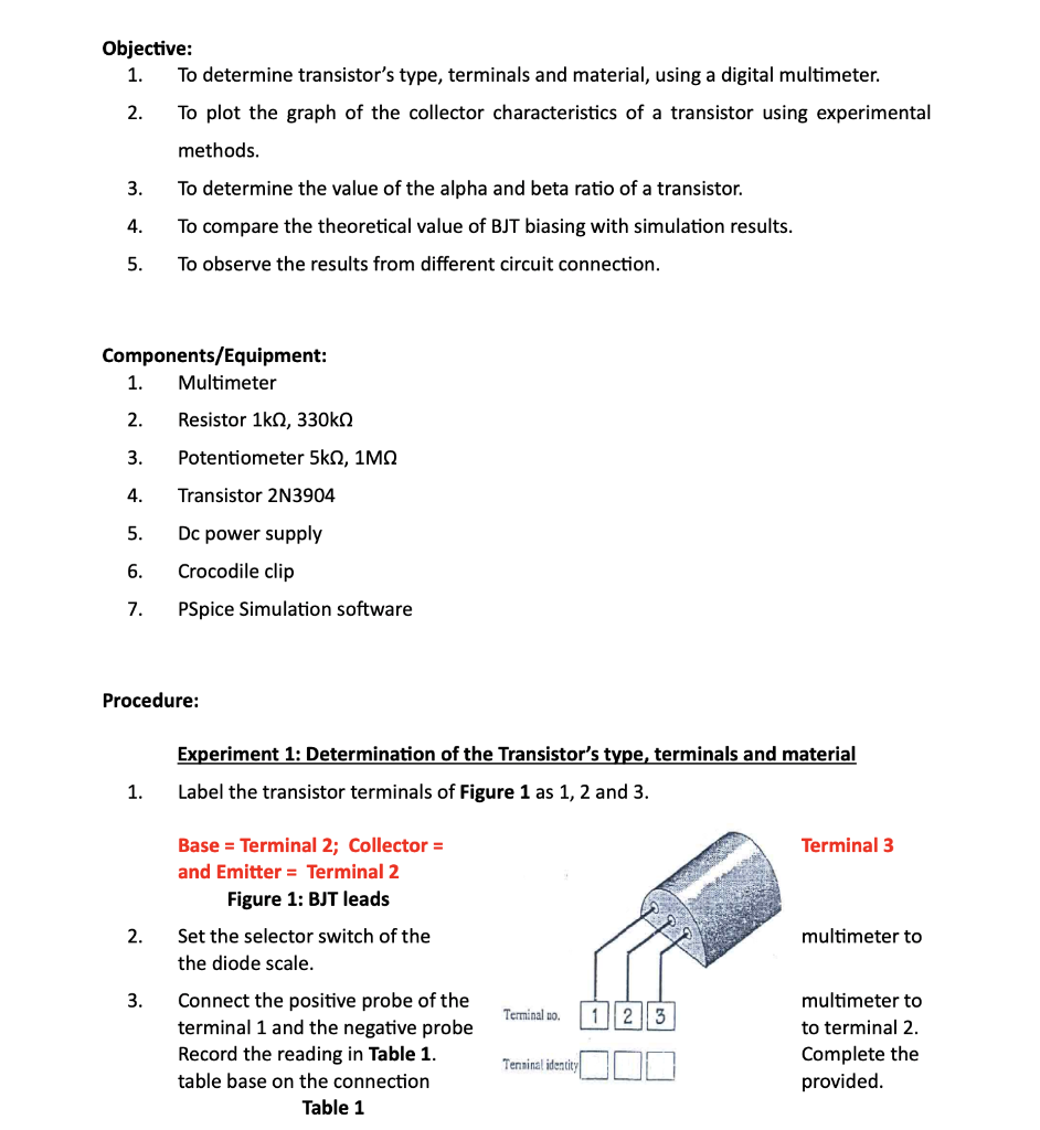 Solved Objective 1. To determine transistor's type,