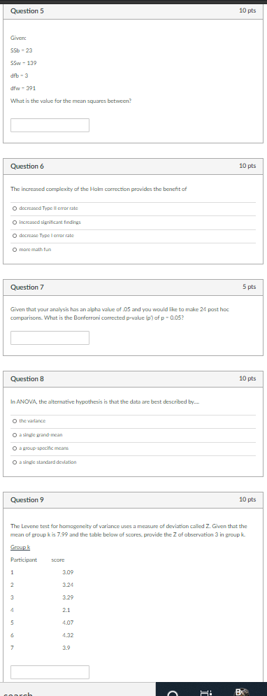 Solved Question 5 10 Pts Given Ssb 23 Ssw 139 Dfb 3 Chegg Com