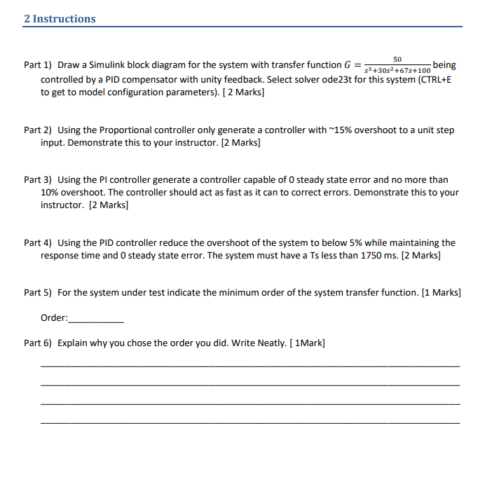 Solved 2 Instructions 50 Part 1) Draw a Simulink block | Chegg.com