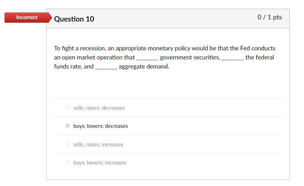 Solved Incorrect Question 10 0/1 pts To fight a recession, | Chegg.com