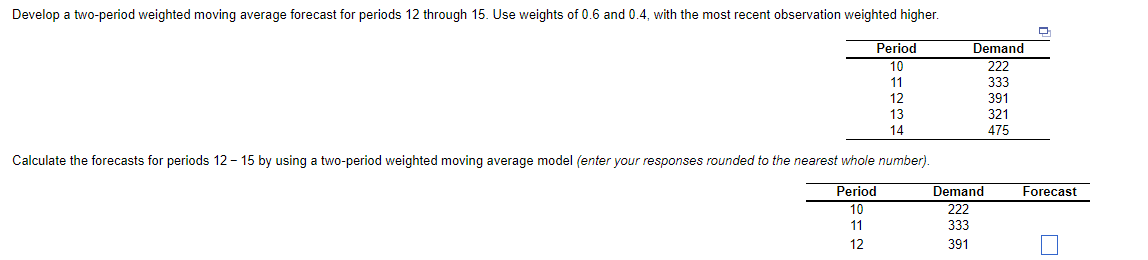 Solved Develop a two-period weighted moving average forecast | Chegg.com