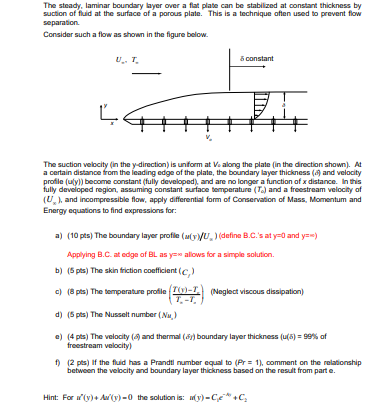 The steady, laminar boundary layer over a fat plate can be stabilized at constant thickness by suction of fluid at the surfac