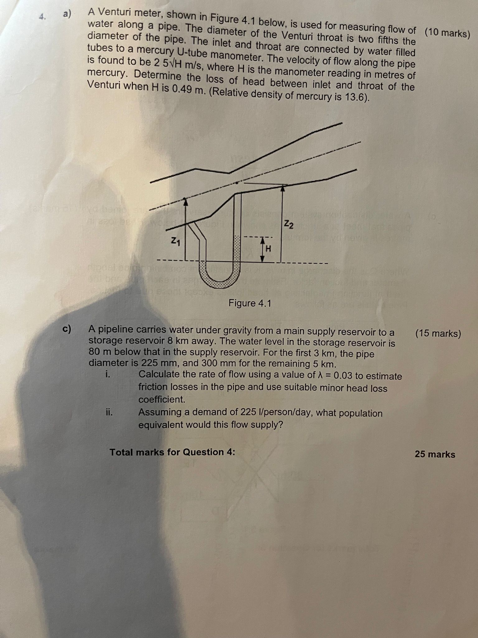 Solved a) A Venturi meter, shown in Figure 4.1 below, is | Chegg.com