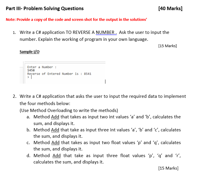 Solved Part III- Problem Solving Questions [40 Marks] Note: | Chegg.com