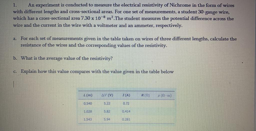 Solved 1. An experiment is conducted to measure the | Chegg.com