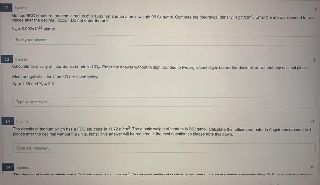 Solved 12 5 points Mo has BCC structure, an atomic radius of | Chegg.com