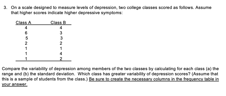 3. On a scale designed to measure levels of depression, two college classes scored as follows. Assume that higher scores indi