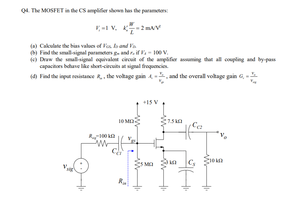 Solved Q4. The MOSFET in the CS amplifier shown has the | Chegg.com