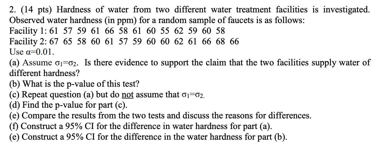 Solved 2. (14 pts) Hardness of water from two different | Chegg.com ...