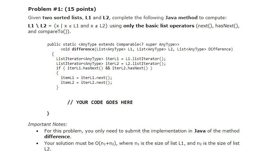 Solved Problem #1: (15 points) Given two sorted lists, L1 | Chegg.com