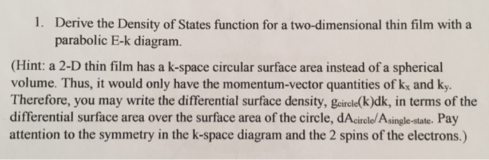 Solved 1. Derive the Density of States function for a | Chegg.com