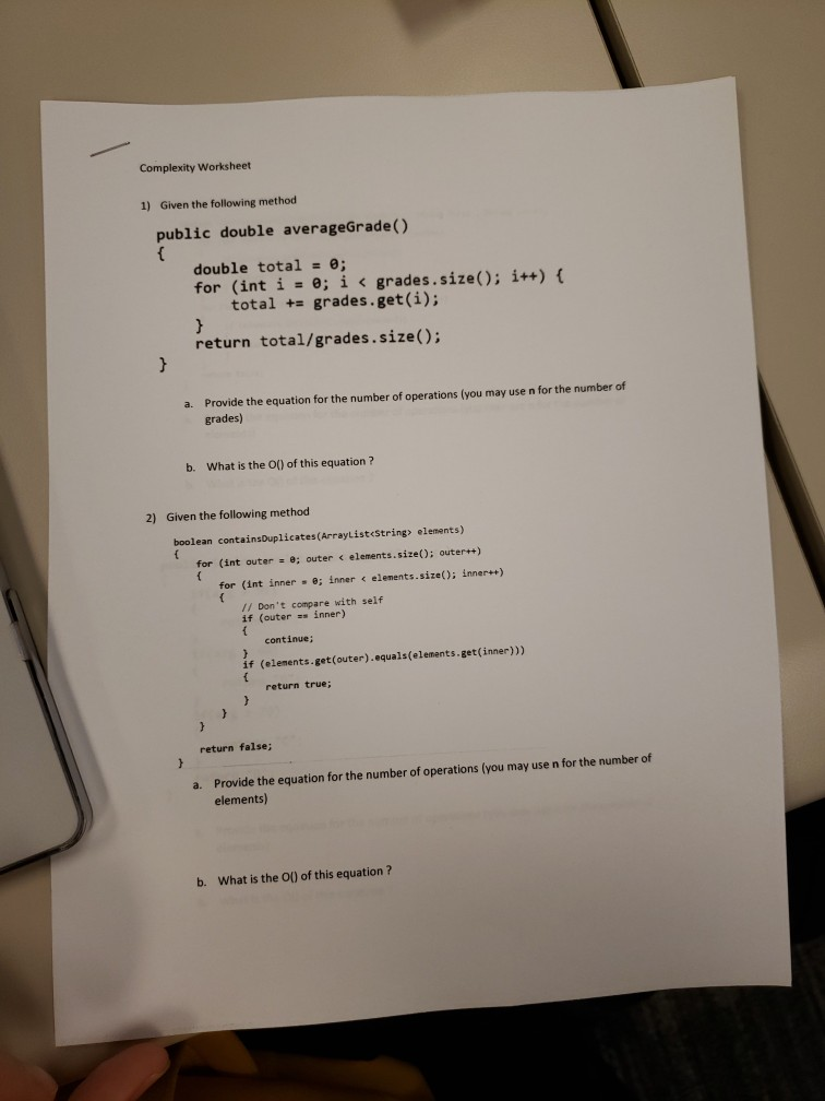 Solved Complexity Worksheet 1) Given The Following Method | Chegg.com