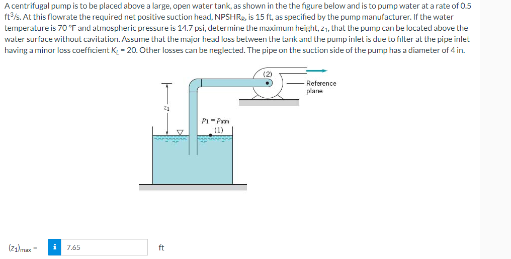 Solved A centrifugal pump is to be placed above a large, | Chegg.com