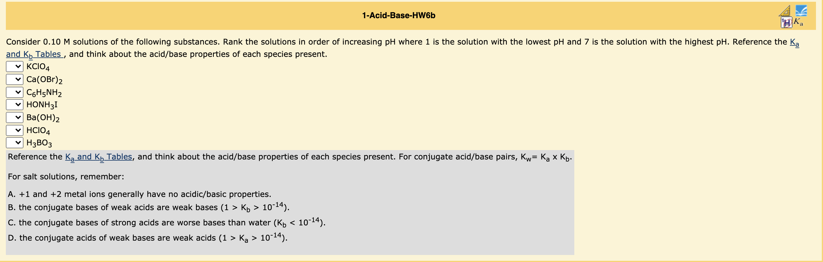 Solved 1-Acid-Base-HW6b TH Ka Consider 0.10 M solutions of | Chegg.com
