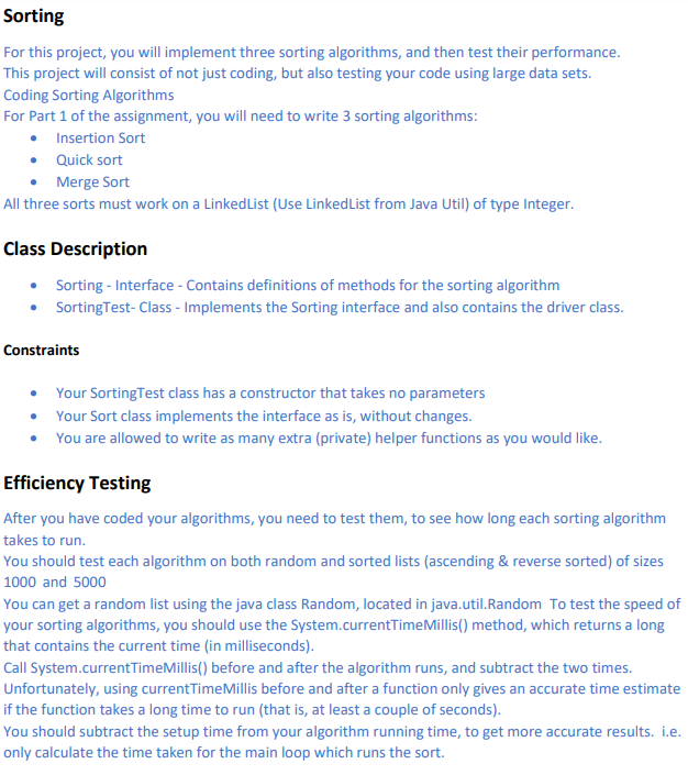 solved: text: intro to java (sorting assignment) write... Solved Sorting For this project, you will implement three | Chegg.com