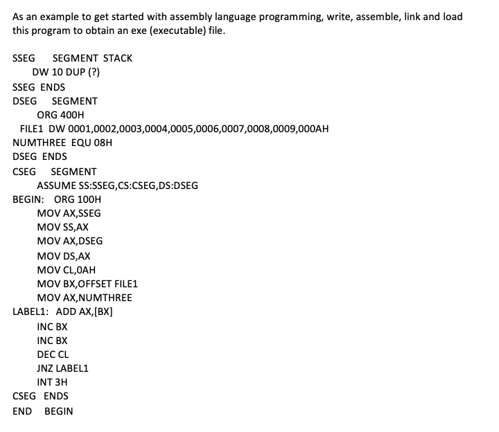 As an example to get started with assembly language | Chegg.com