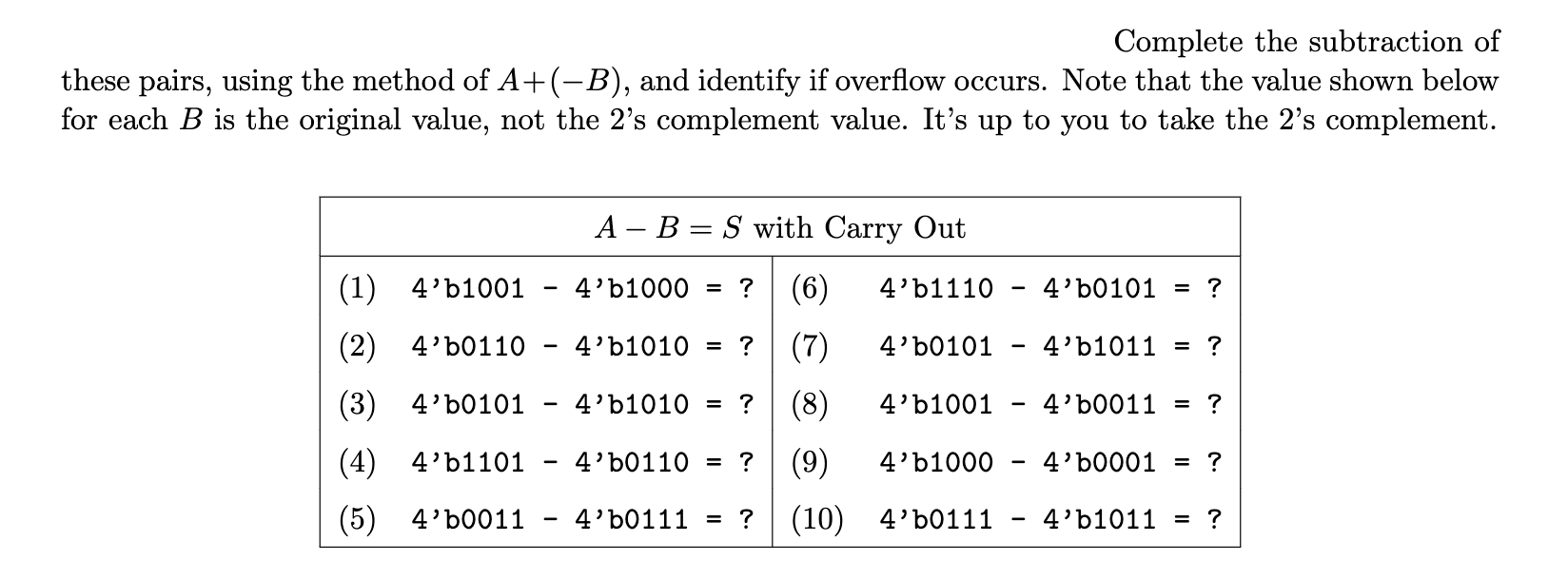 Solved Complete the subtraction of these pairs, using the | Chegg.com