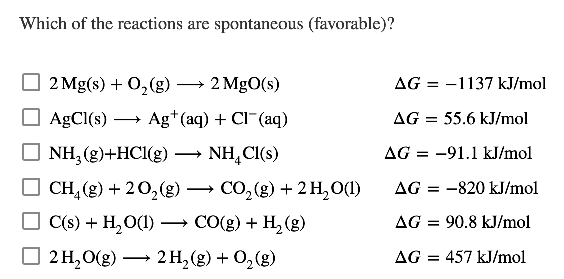 Solved Which of the reactions are spontaneous (favorable)?