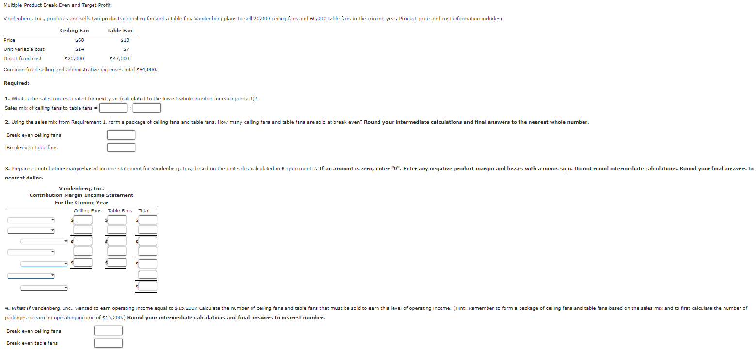 Solved Multiple-Product Break-Even And Target Profit | Chegg.com