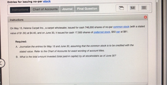 Solved Entries For Issuing No-par Stock Chart Of Accounts | Chegg.com