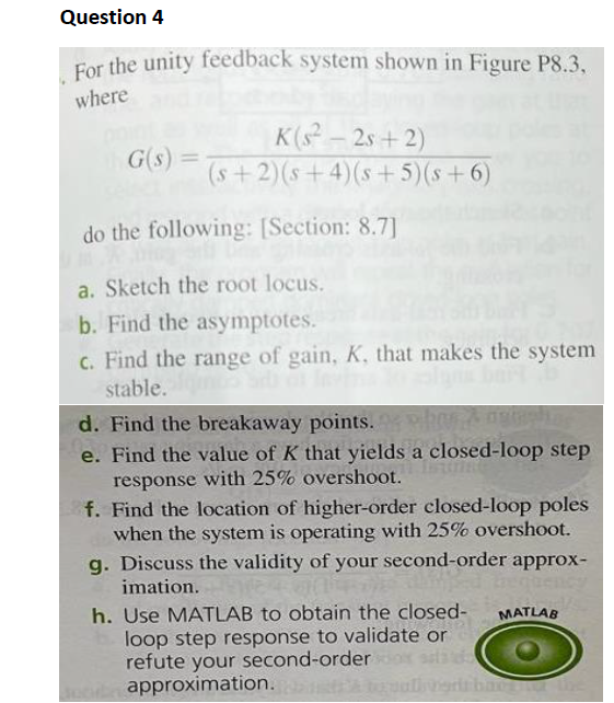 Solved Question 4 For the unity feedback system shown in | Chegg.com