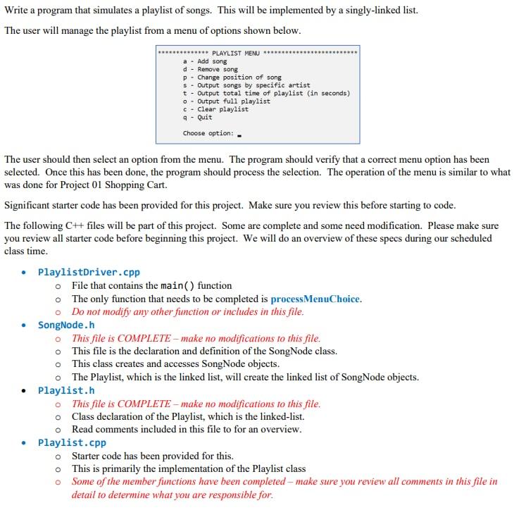 In C++, please! Playlist.h // | Chegg.com