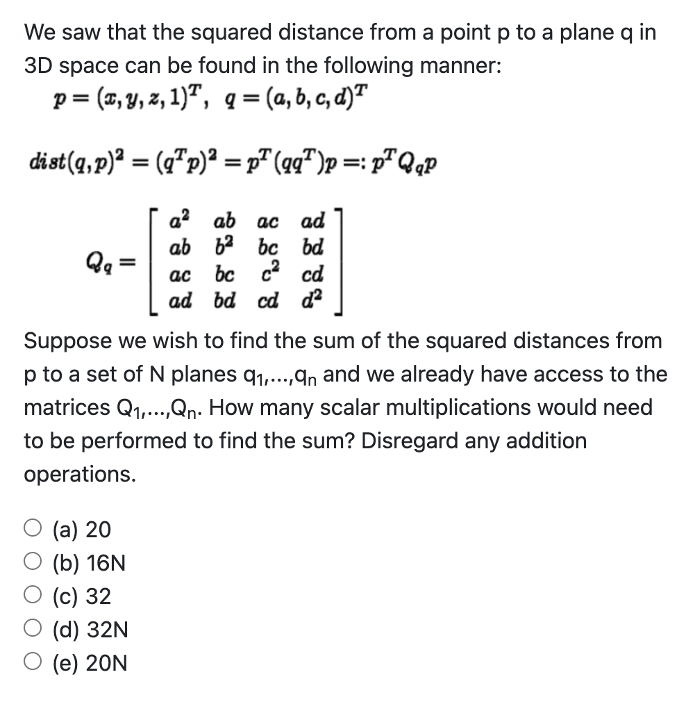 Solved We saw that the squared distance from a point p to a | Chegg.com