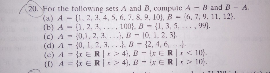 Solved 20. For The Following Sets A And B, Compute A B And B | Chegg.com